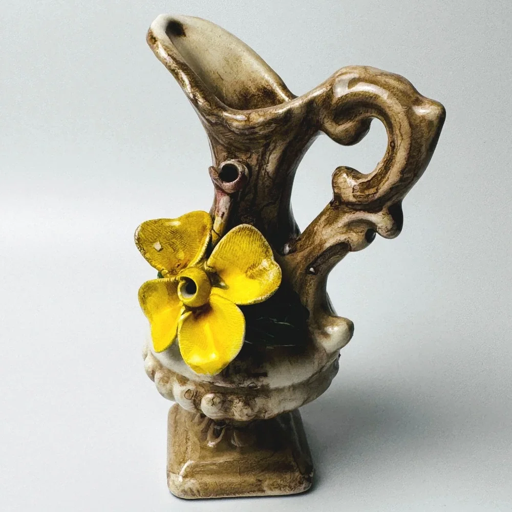 Vintage Capodimonte Italy Nuova Mini Ewer Pitcher Vase Applied Yellow Flower 4